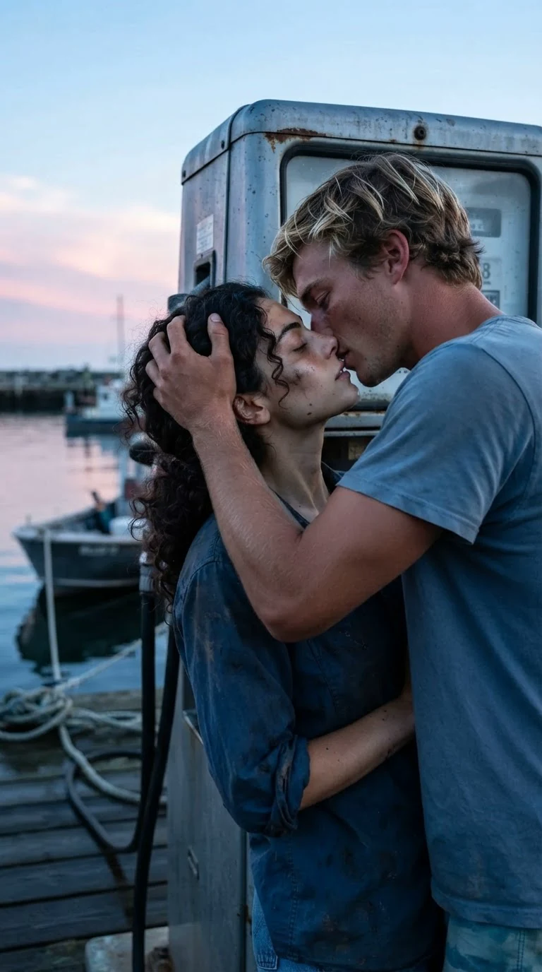 The blond man kisses her hard against the metal fuel pump.