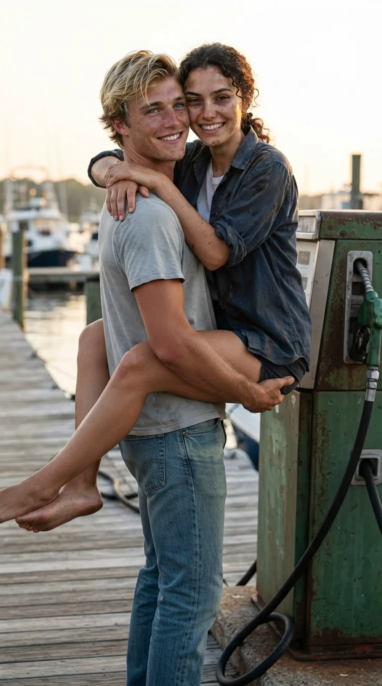 He lifts her, her legs locked around his waist against the pump.