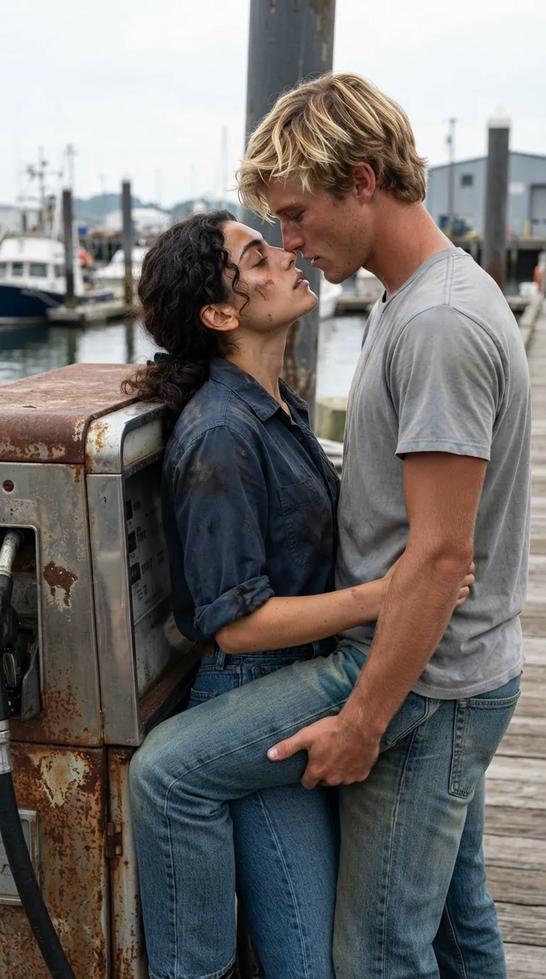 Their hips press together, her head tipped back, breathless.