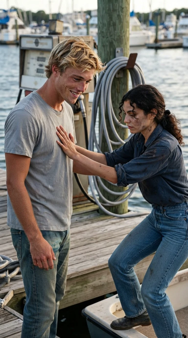 He sets her down and she steadies herself with a hand on his chest.