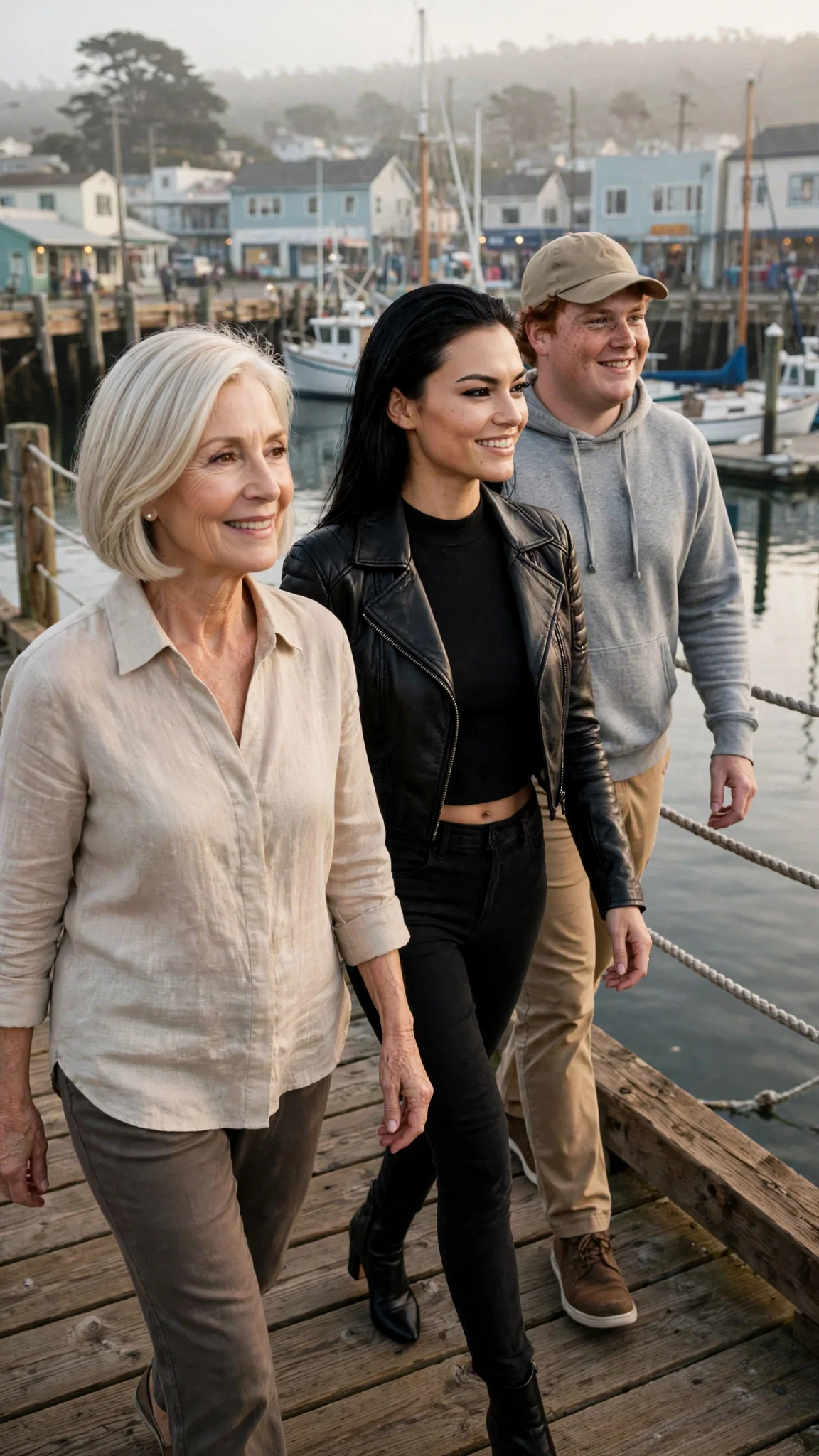 A silver-haired woman in linen comes down the pier with a tall woman in heels and a stocky man in a cap.