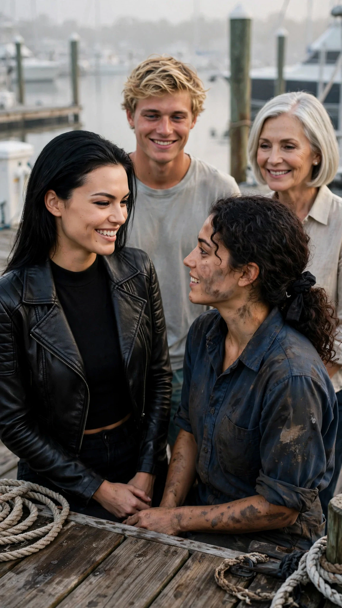 The tall woman in the cropped jacket smiles sharply at the grease-stained mechanic.