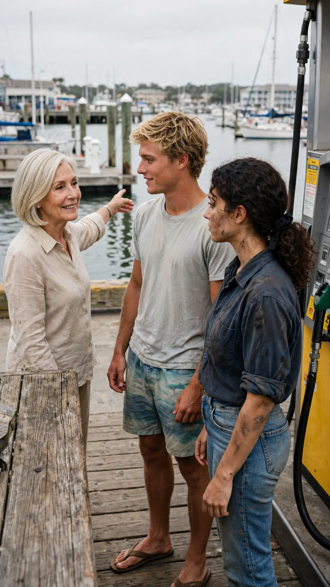 The older woman gestures up the pier and the blond man turns to go.