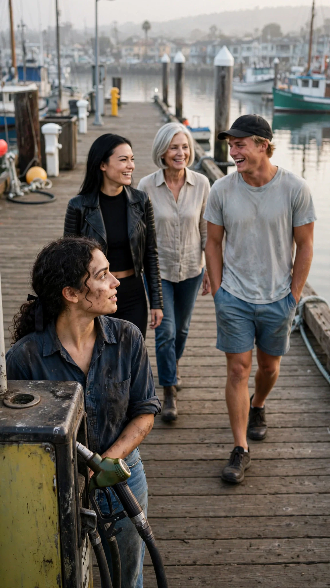 The blond man walks up the pier with the group, leaving her by the pump.