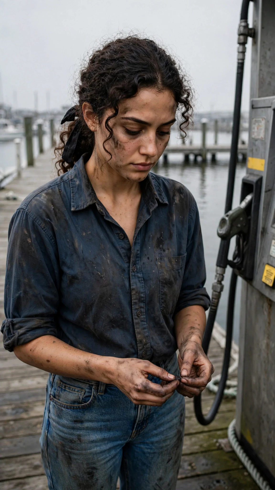 She stands alone at the pump, looking down at her own steady hands.