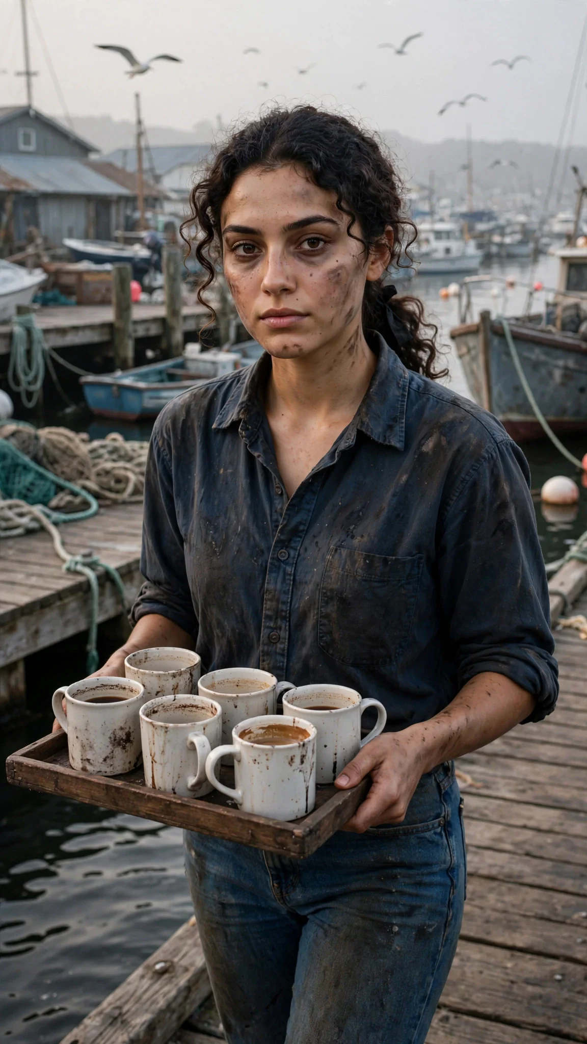 A young woman in a grease-stained work shirt carries a tray of coffee down a wooden dock at sunrise.