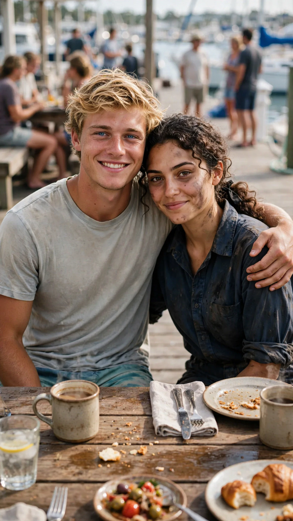A blond young man in a faded T-shirt slides his arm around the woman's shoulders at a long dock table.