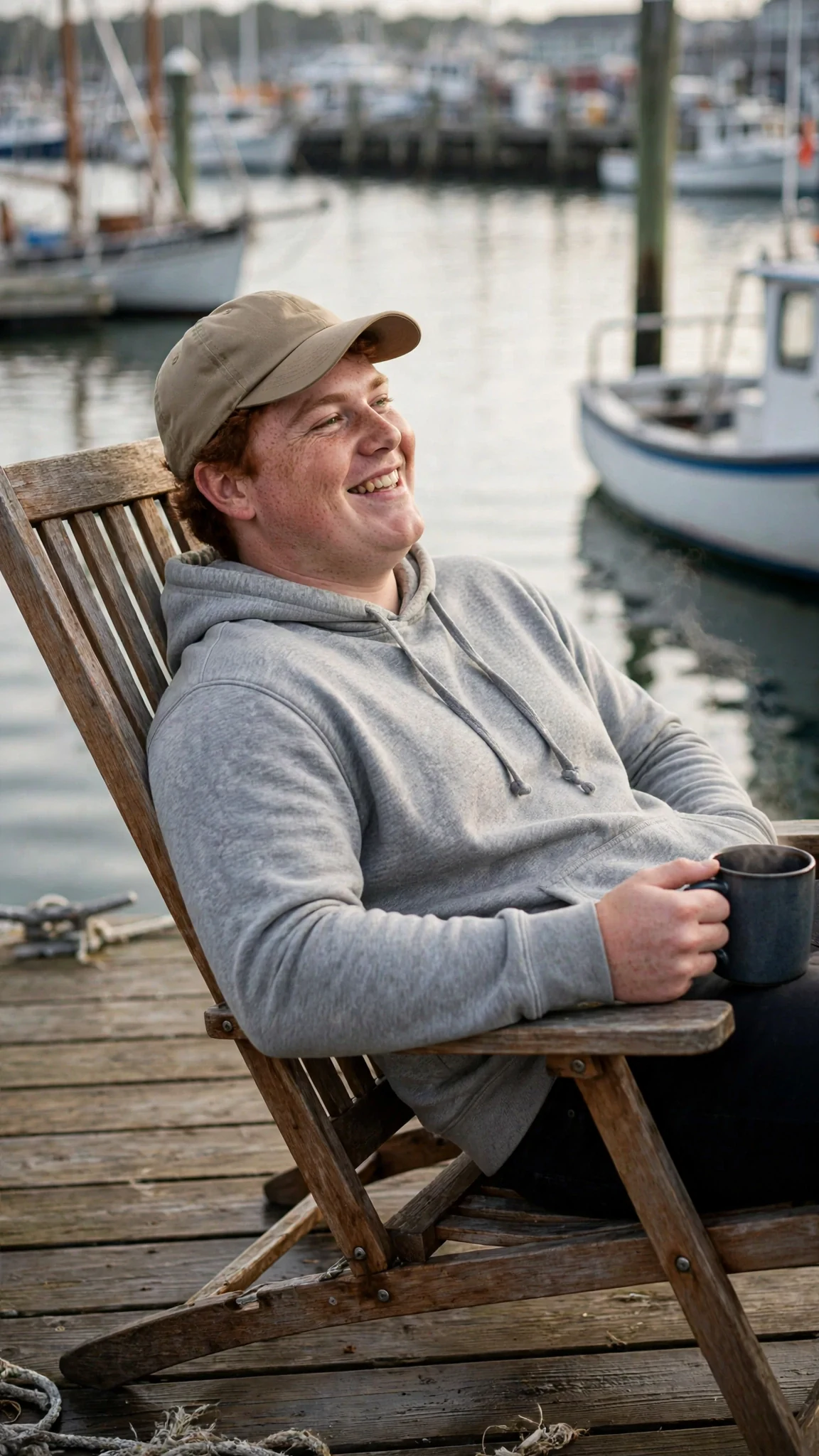 A stocky red-haired man in a ball cap leans back in his chair, grinning at the woman.