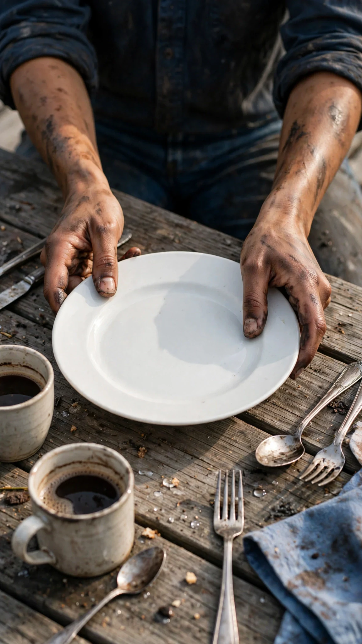 Close view of hands setting a plate down perfectly straight on a wooden table.