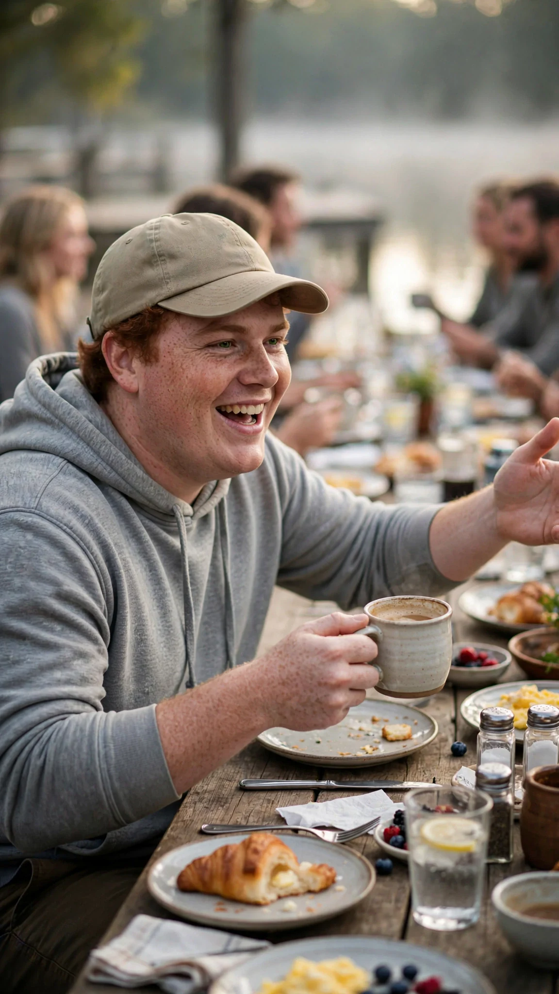 The red-haired man gestures with his mug at the table, talking loudly.