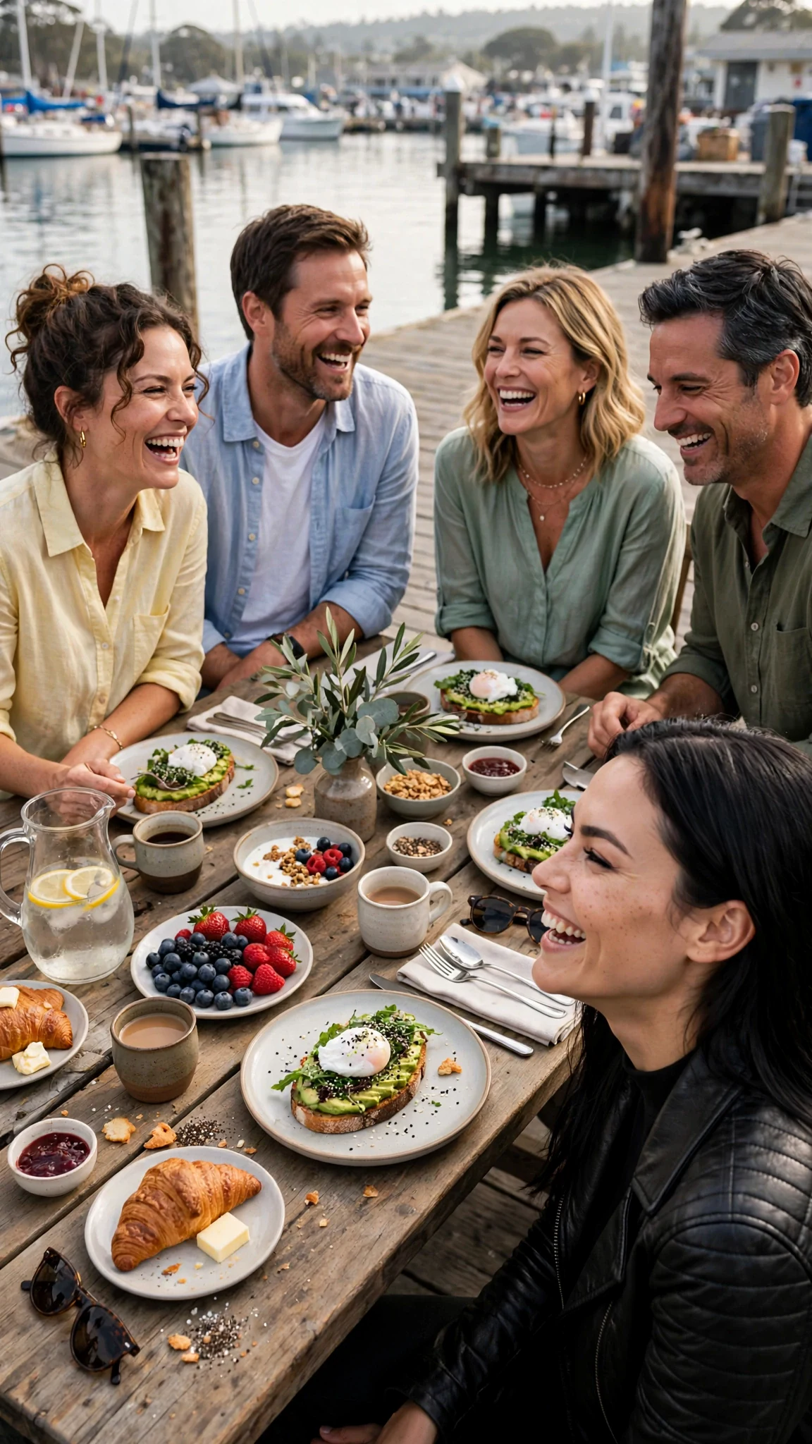 Guests at the long dock table laughing over breakfast plates.