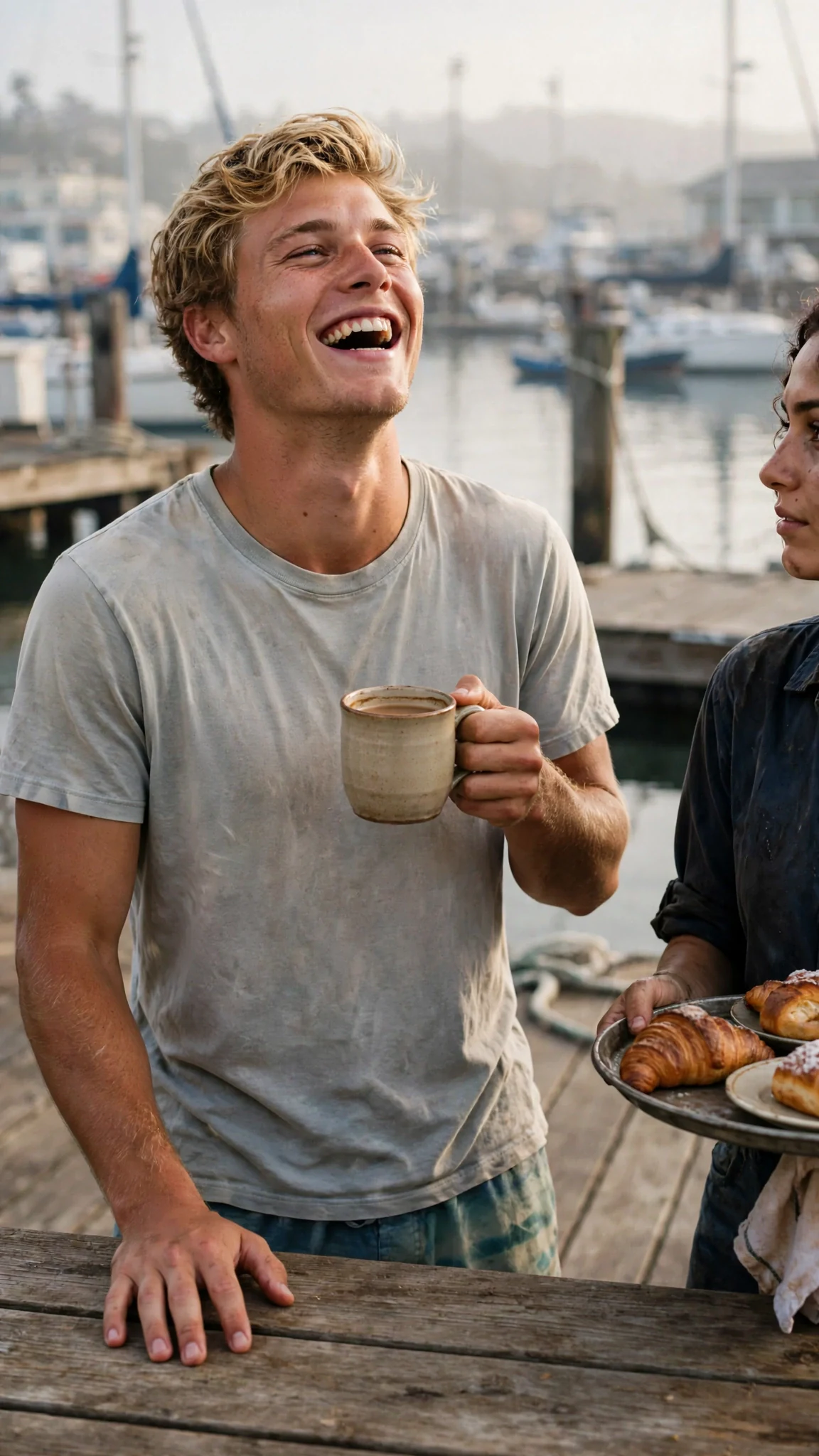 The blond man tips his head back laughing, hand flat on the table.