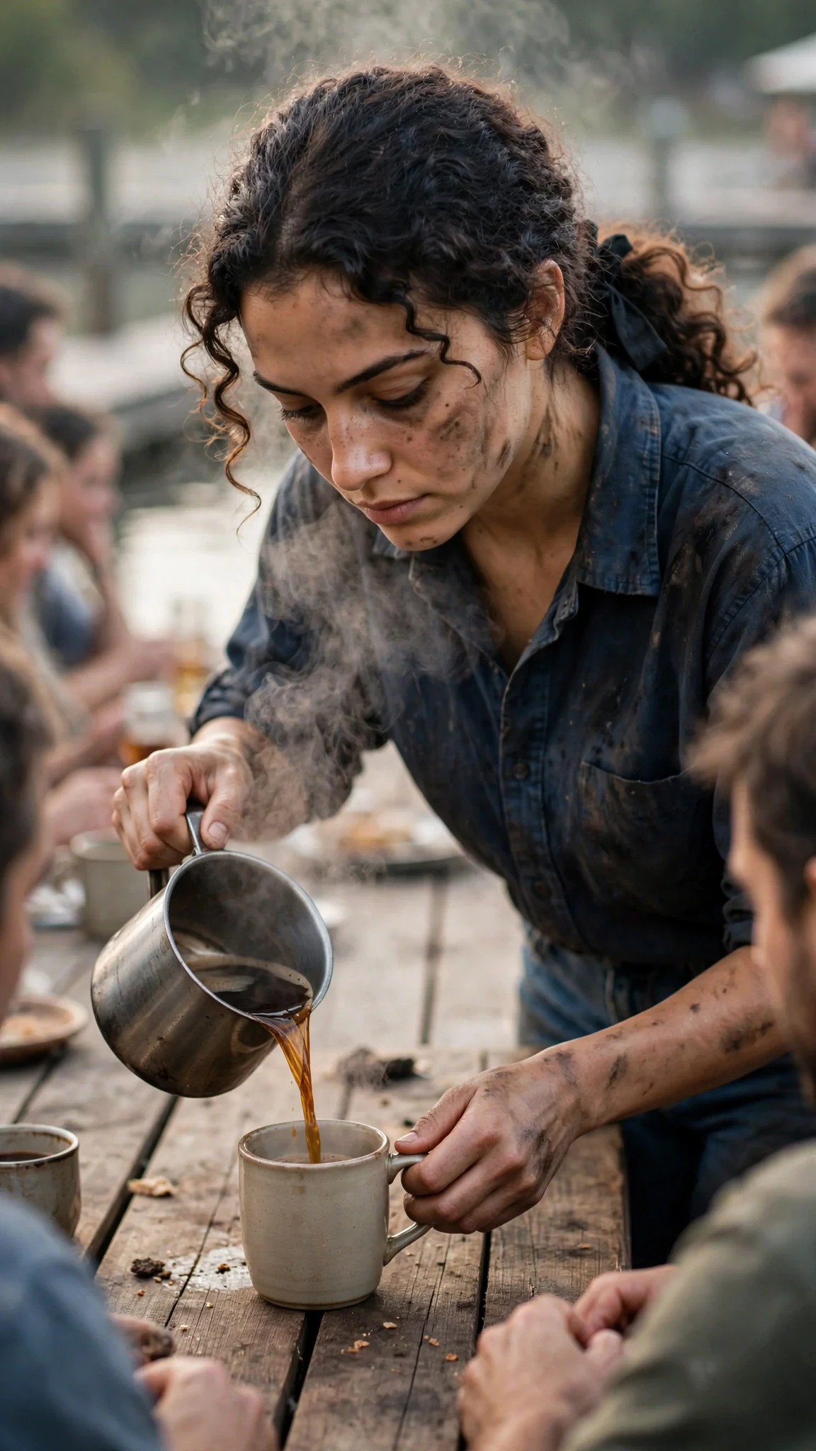 The woman pours coffee, steam rising, her jaw tight.