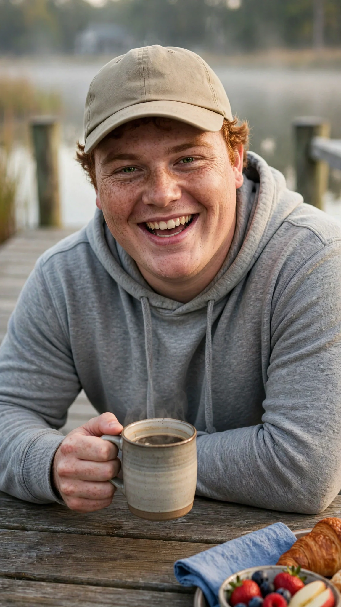 The red-haired man leans forward, elbows on the table, still talking.