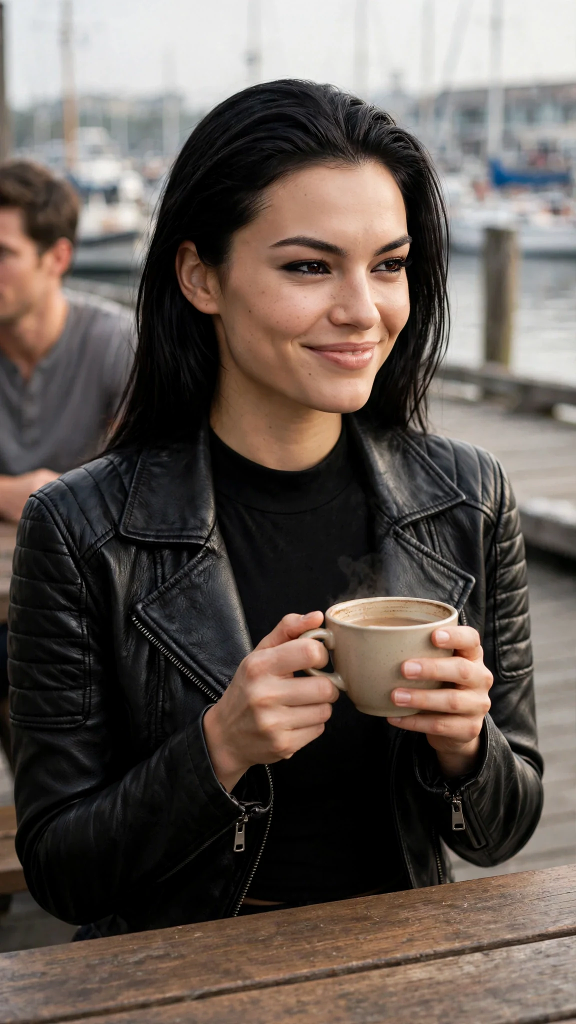 A tall woman with glossy black hair smiles sweetly over her coffee cup.