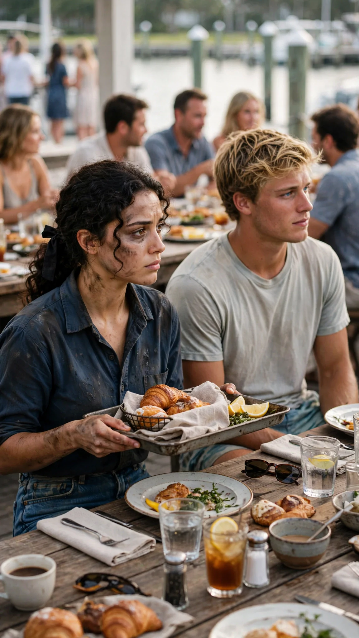 The woman looks down the table at the blond man, waiting.
