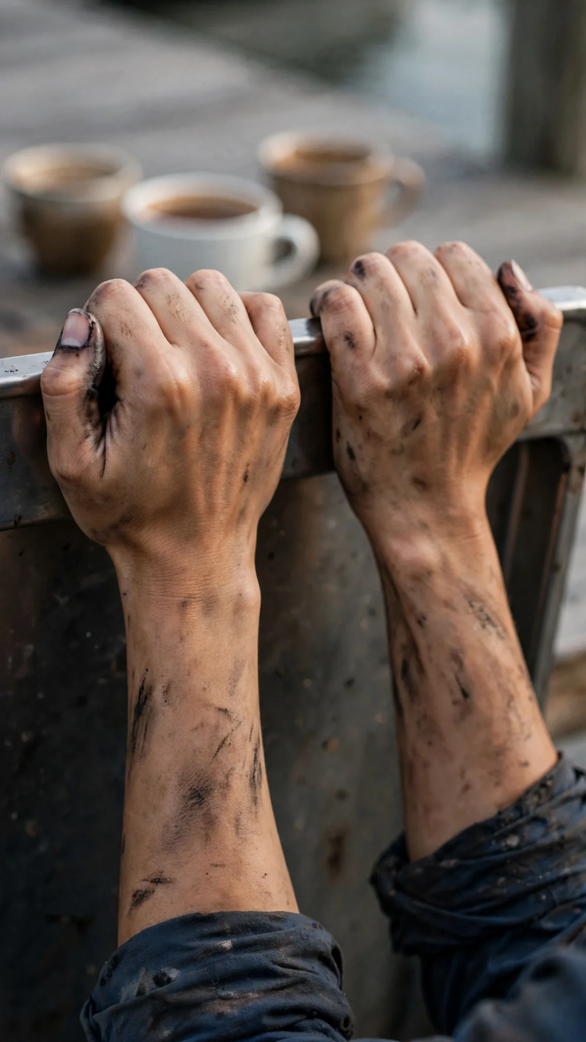 The woman's grease-stained hands grip the edge of the metal tray.