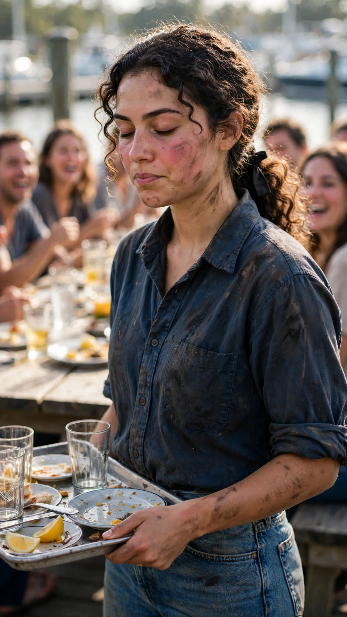 The woman stands still with the tray, eyes closed for a second, jaw working.
