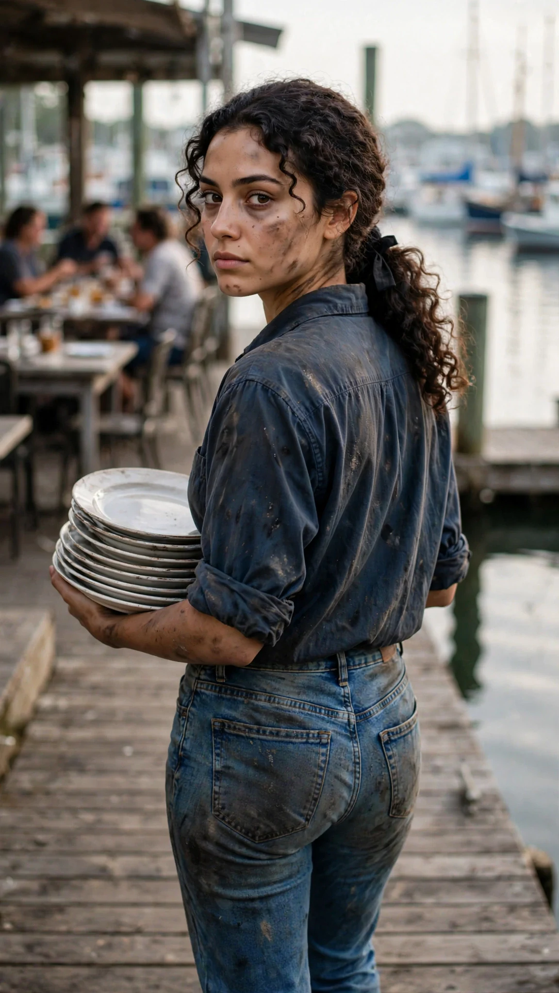 The woman walks away up the dock with a stack of empty plates.