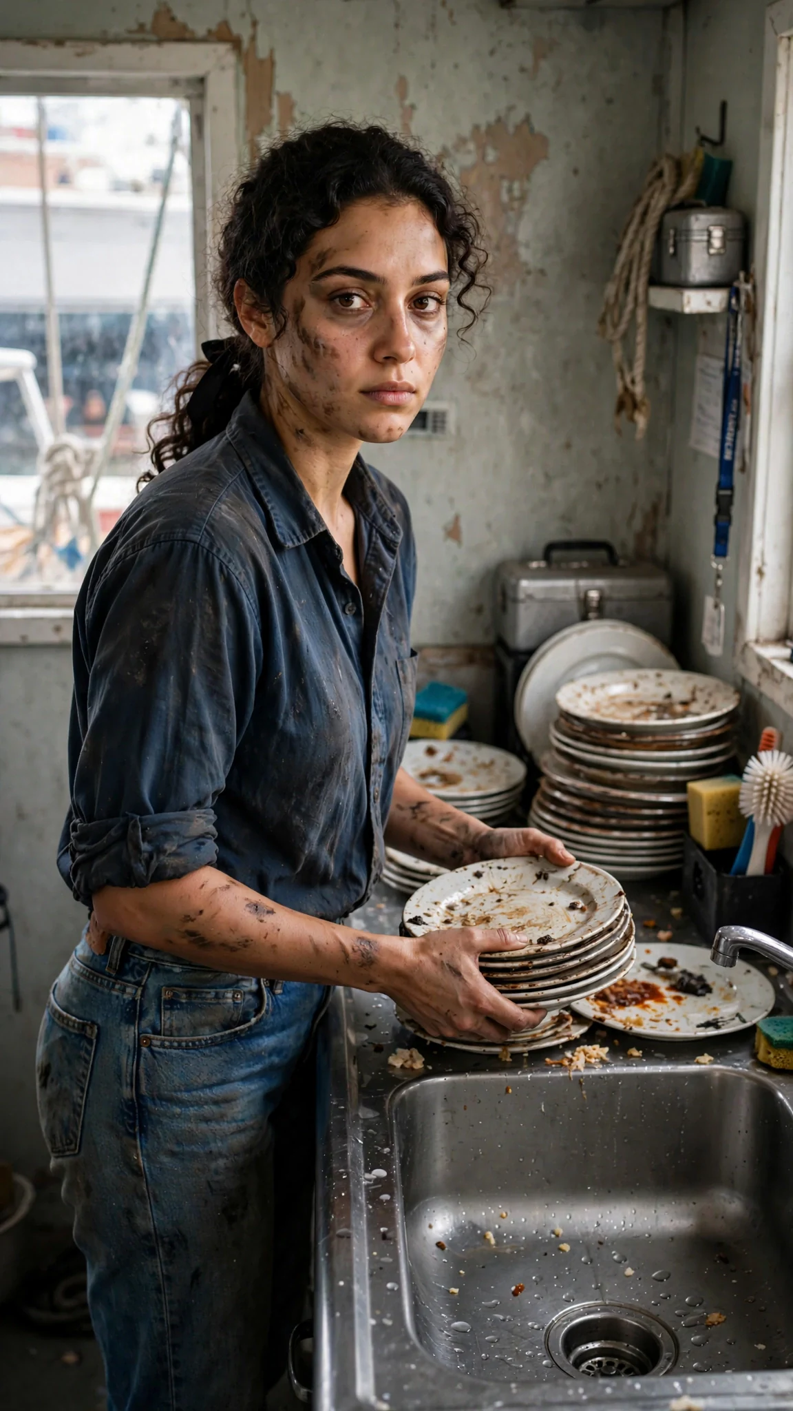 Alina stacks dirty breakfast plates by the office sink, jaw set, morning light on her face.