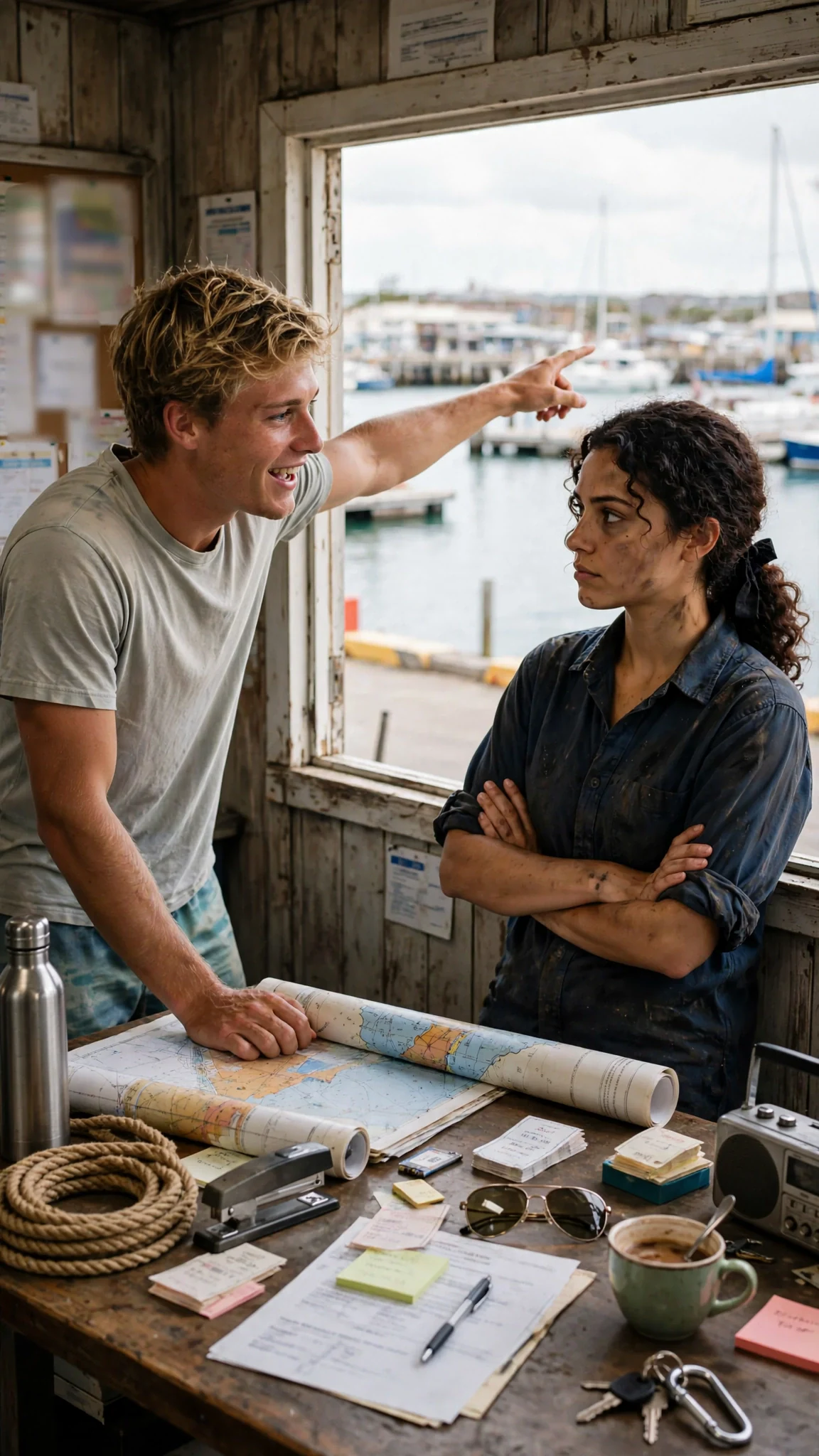Drew gestures toward the water through the office window while Alina listens.