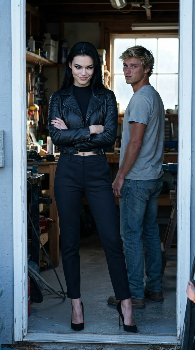 Paige stands behind Drew in the doorway, arms folded, smirking with contempt.