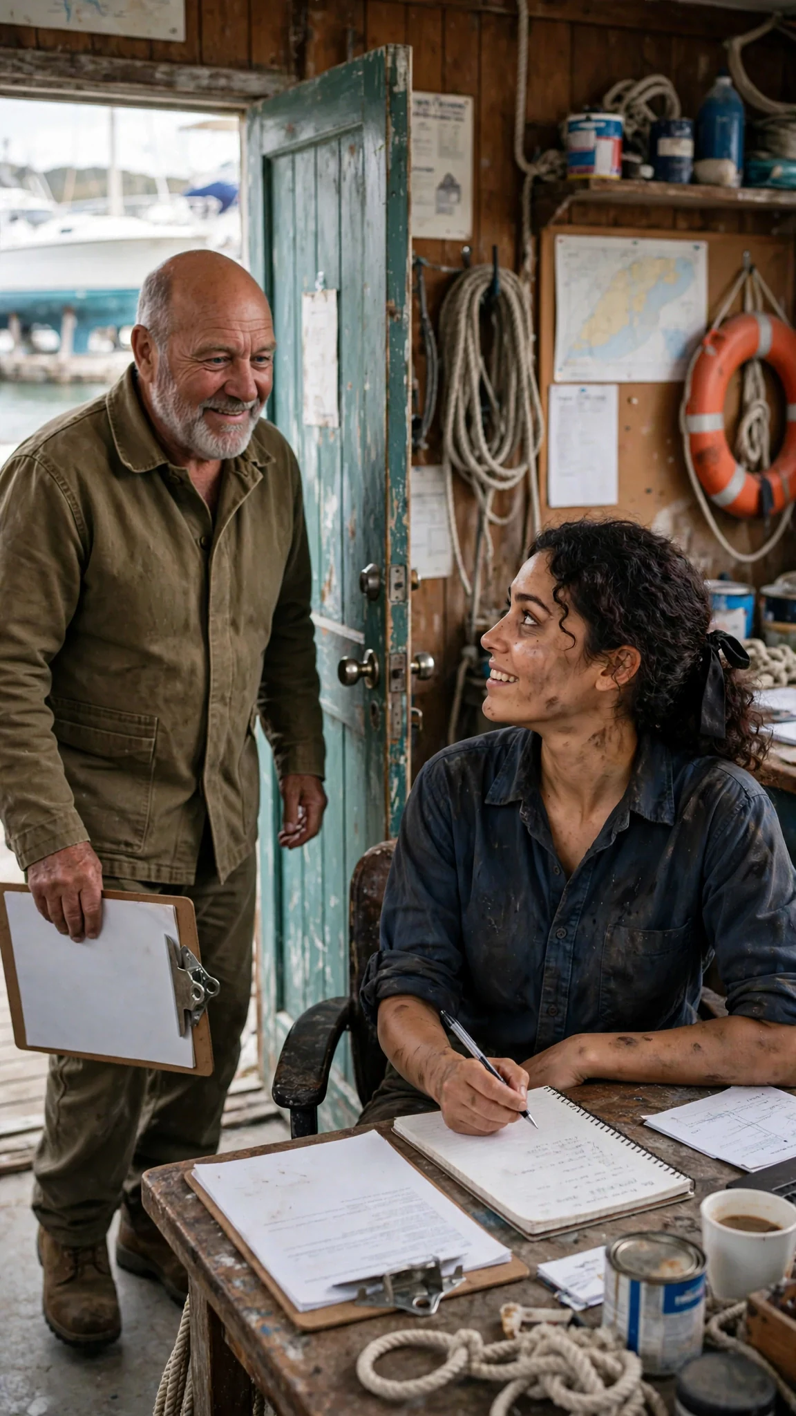 Gerald comes through the back door with a clipboard and sees Alina at the booking desk.
