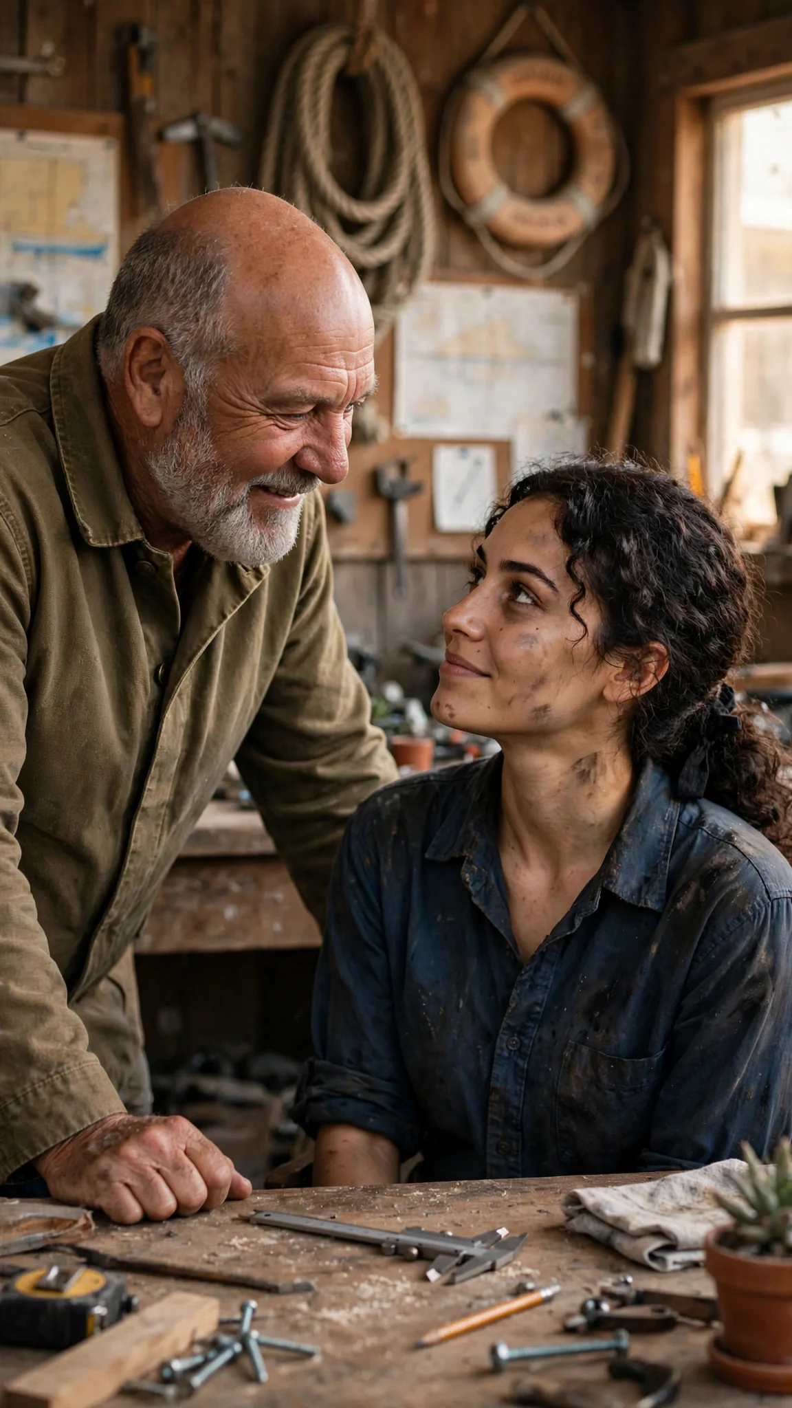 Gerald speaks to Alina with real warmth, one hand resting on the desk edge.