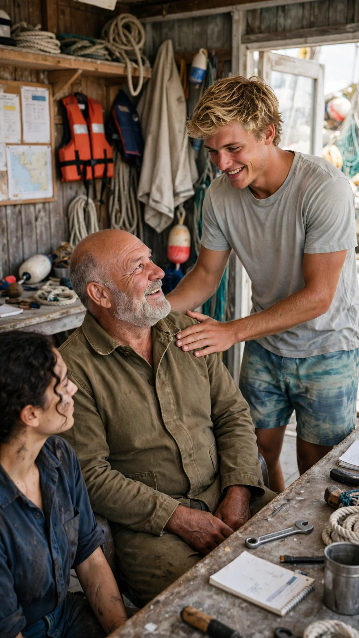 Drew strolls back in and puts a hand on his father's shoulder, smiling wide.