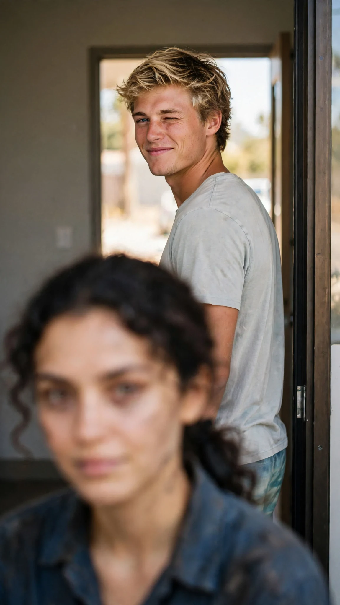 Drew winks back at Alina over his shoulder, as if they share a joke.
