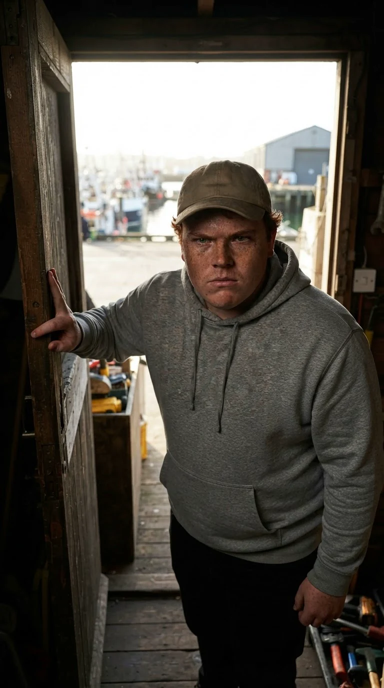Trent waits at the back door in a ball cap and hoodie, impatient and scowling.