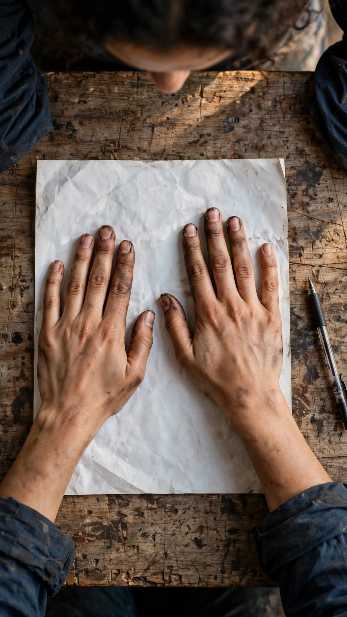 Close on Alina's grease-stained hands smoothing the booking sheet flat.