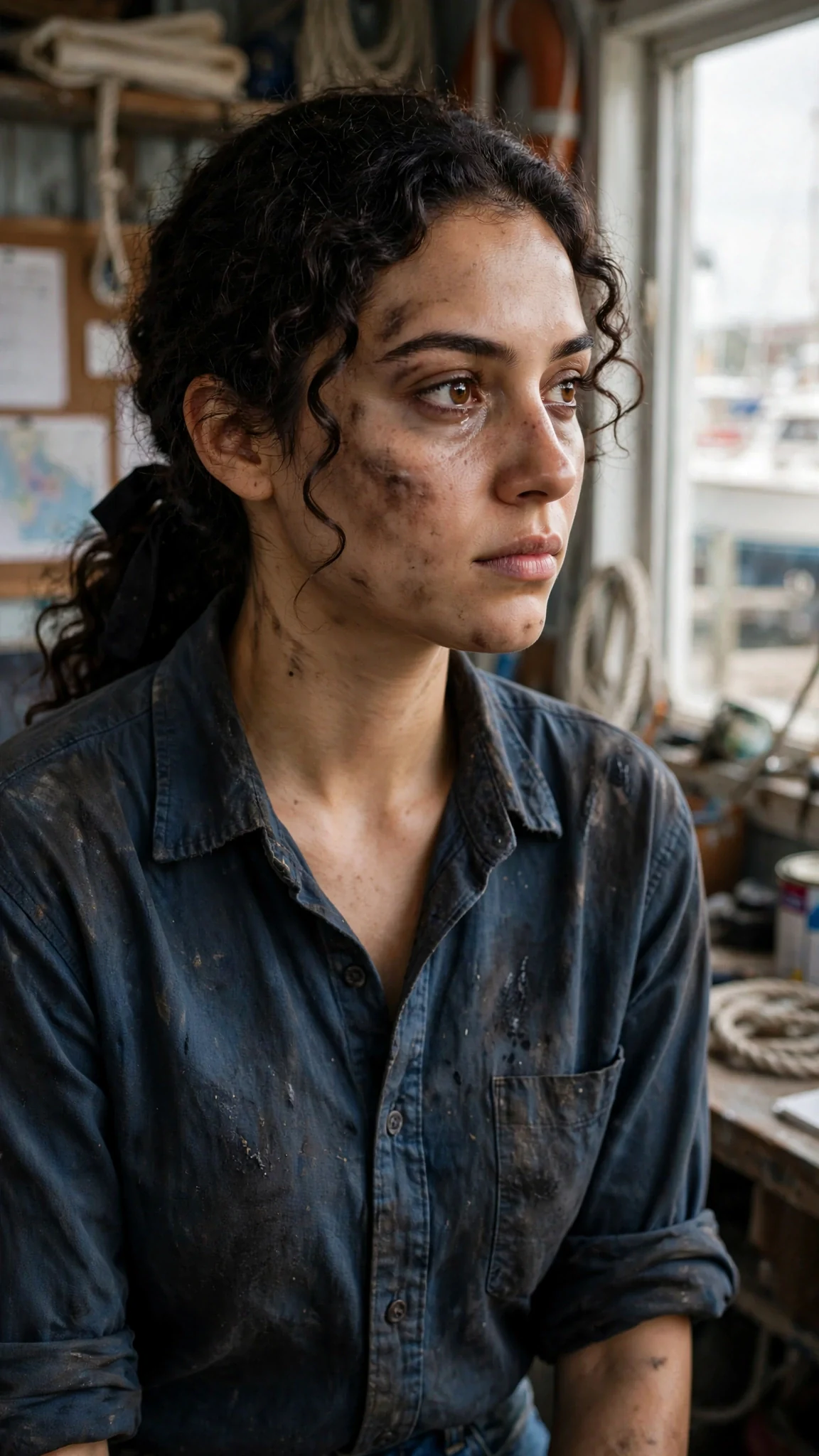 Alina stares past the window, jaw tight, hurt held behind her eyes.