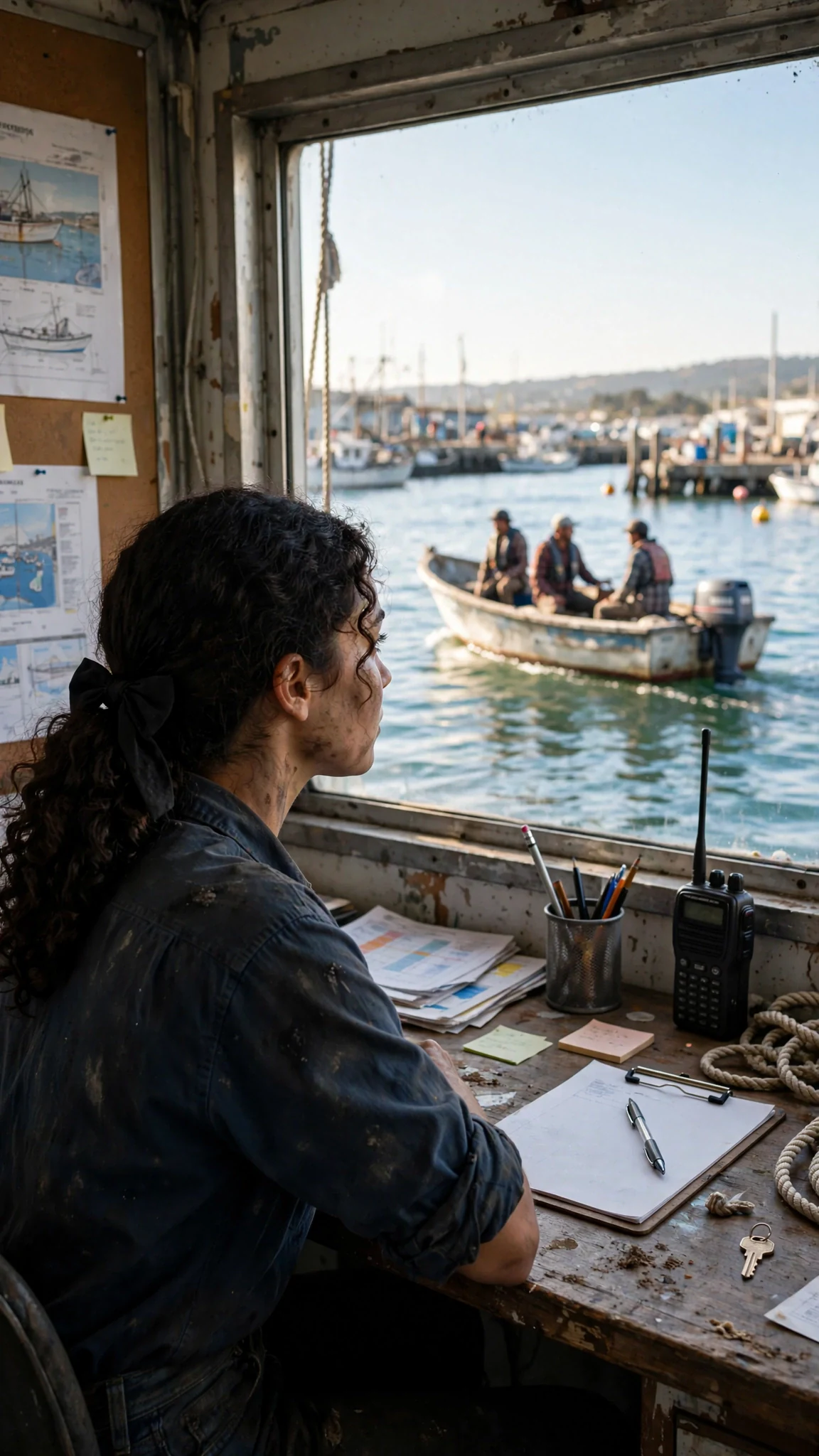 Through the office window, a small boat heads out on the water while Alina stays at the desk.