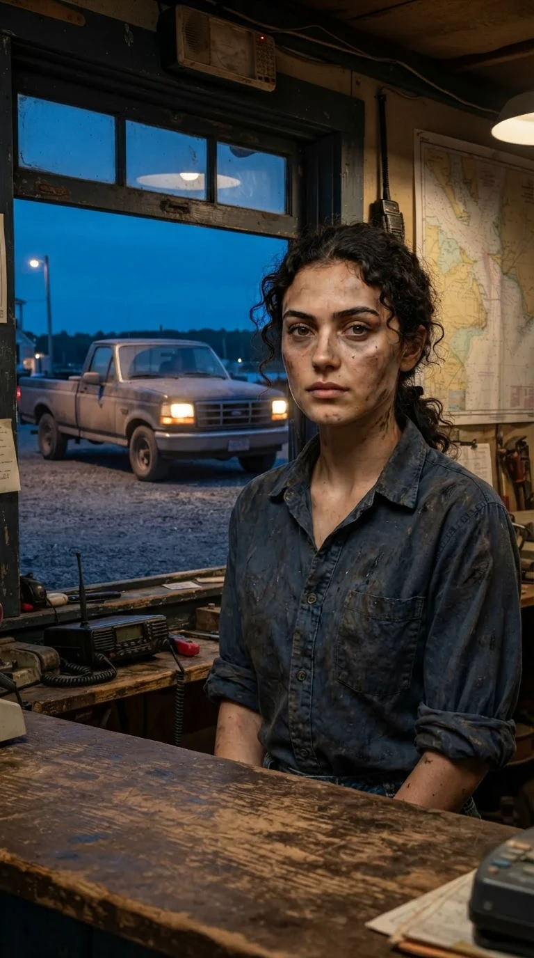 A young woman in a grease-stained work shirt wipes a booking office counter at dusk as a pickup truck pulls into the gravel lot.