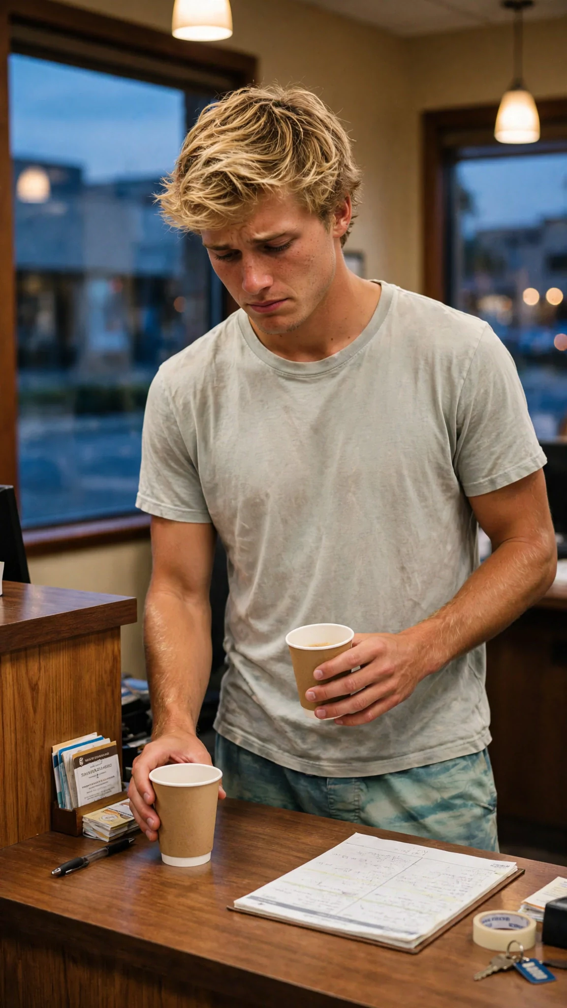 A lean blond young man in a faded T-shirt sets a paper coffee cup on the counter, looking apologetic.