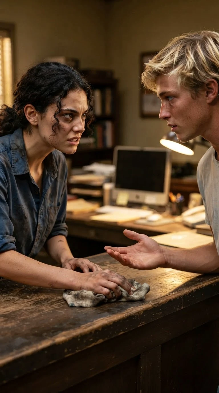 The young woman keeps wiping the counter, jaw set, while the young man holds his hand out across it.