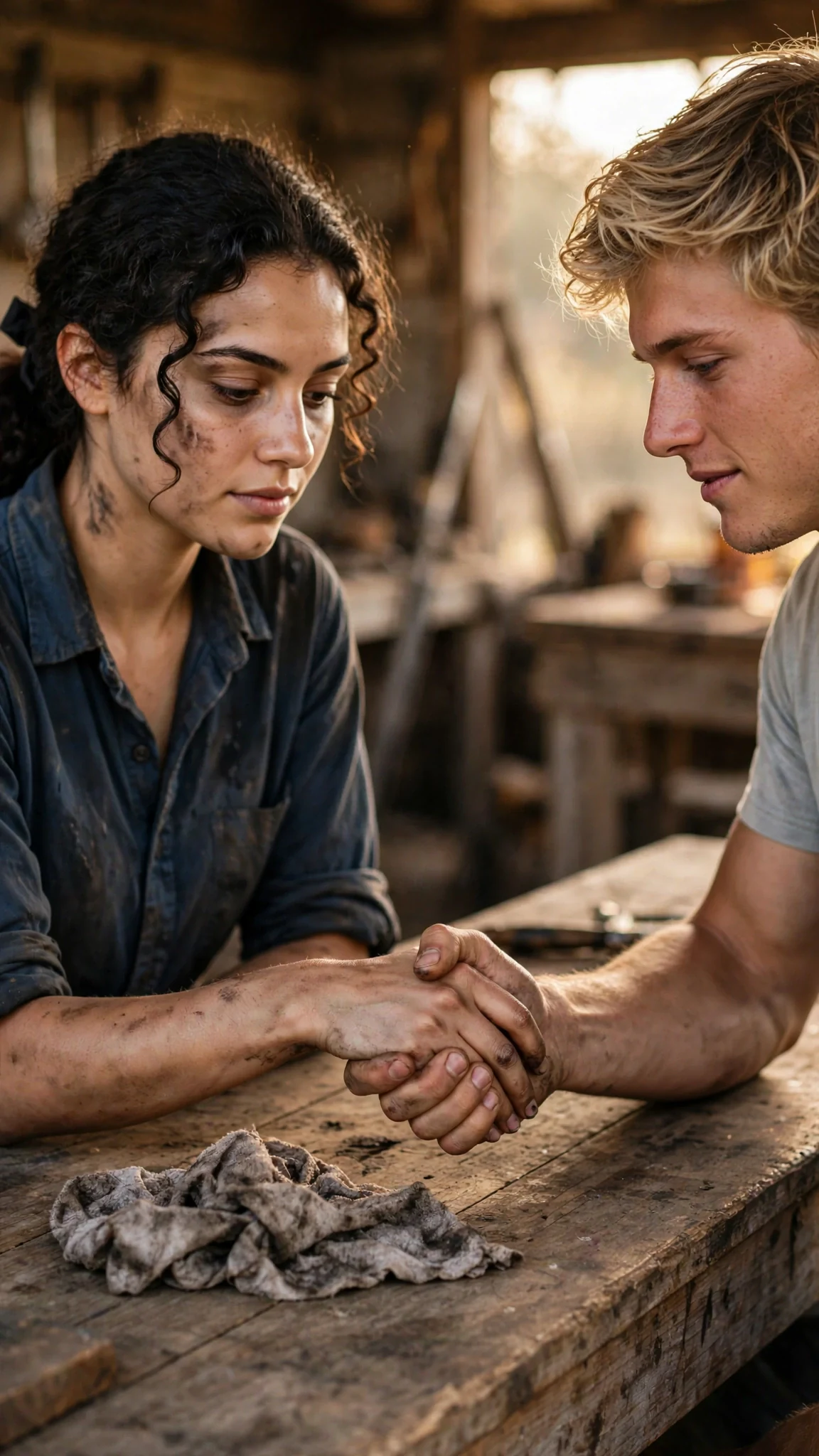 Her hand reaching across the worn counter to take his, the rag left on the wood between them.