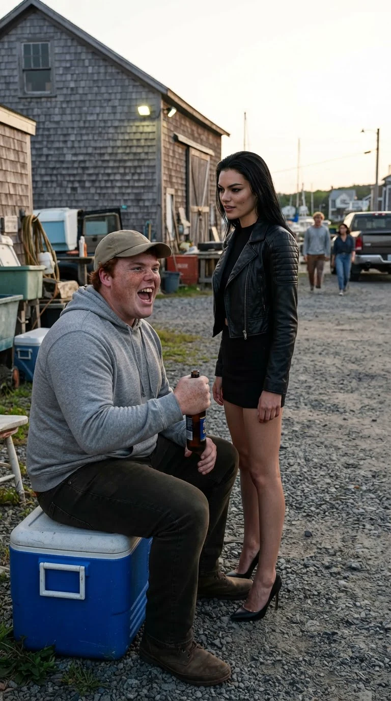 A stocky young man in a ball cap sits on a cooler with a beer, a tall woman in a cropped jacket beside him, calling across the yard.