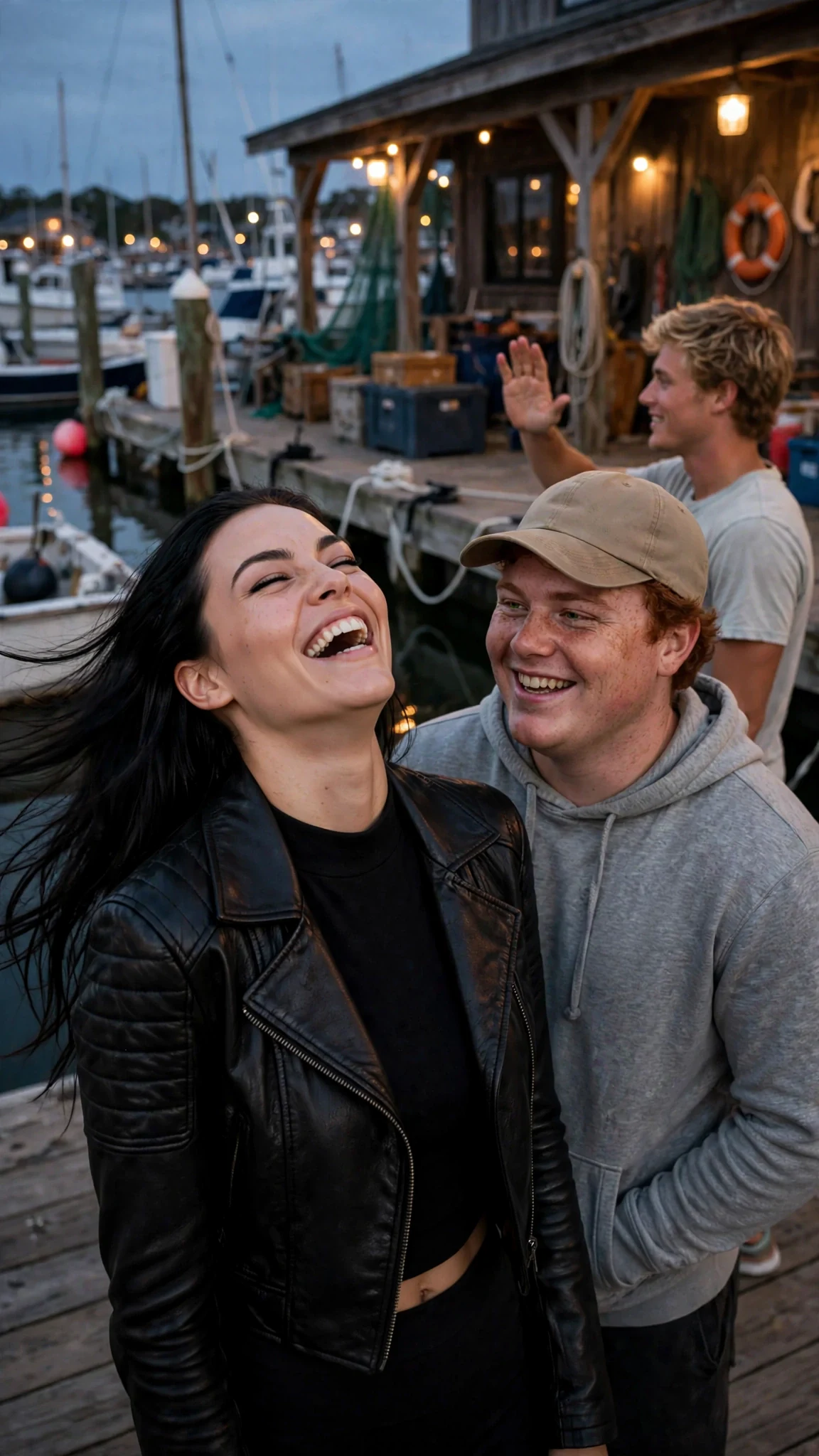 The tall woman laughing with her head tipped back while Drew half turns, one hand raised.