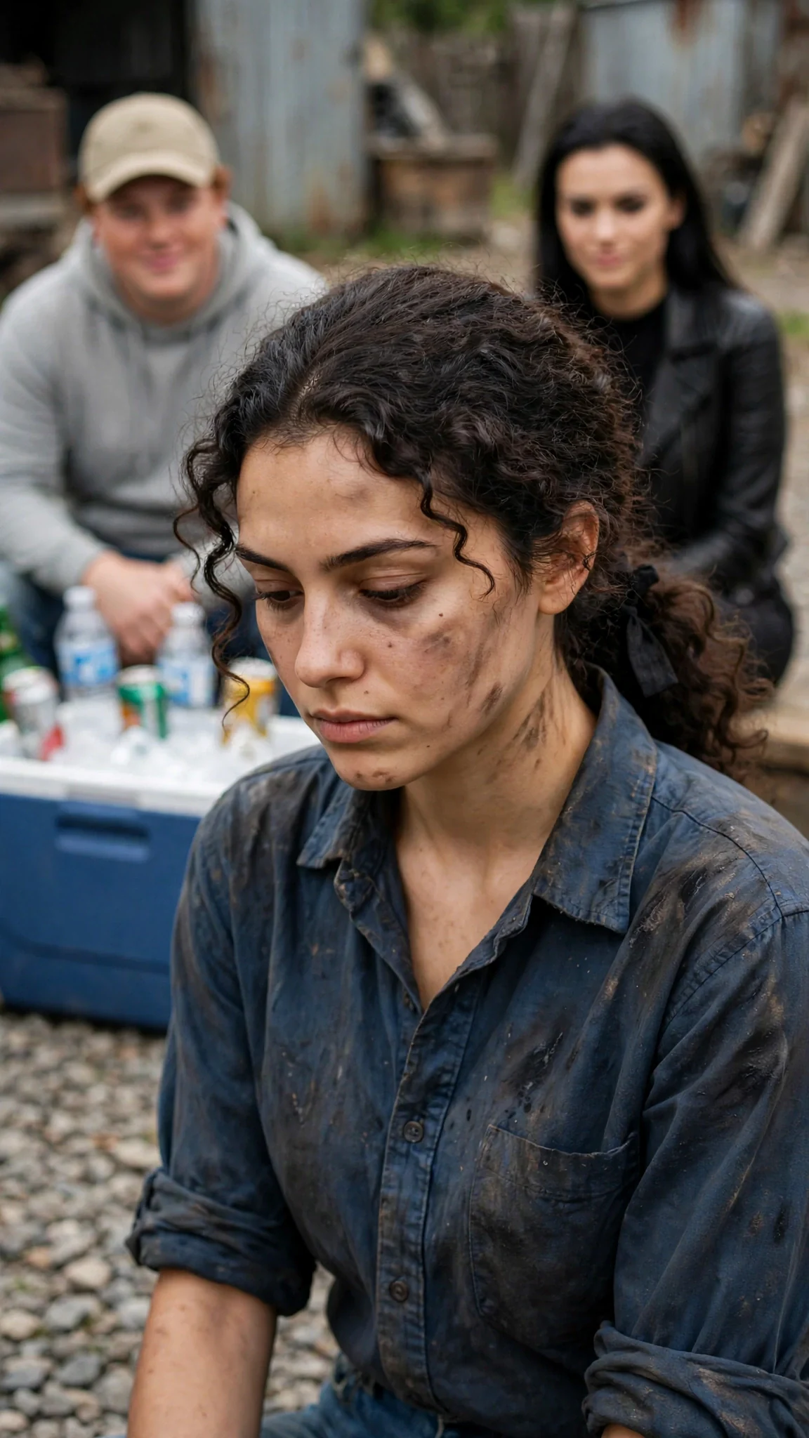 Alina's face, jaw tight, eyes down, hands steady at her sides on the gravel.