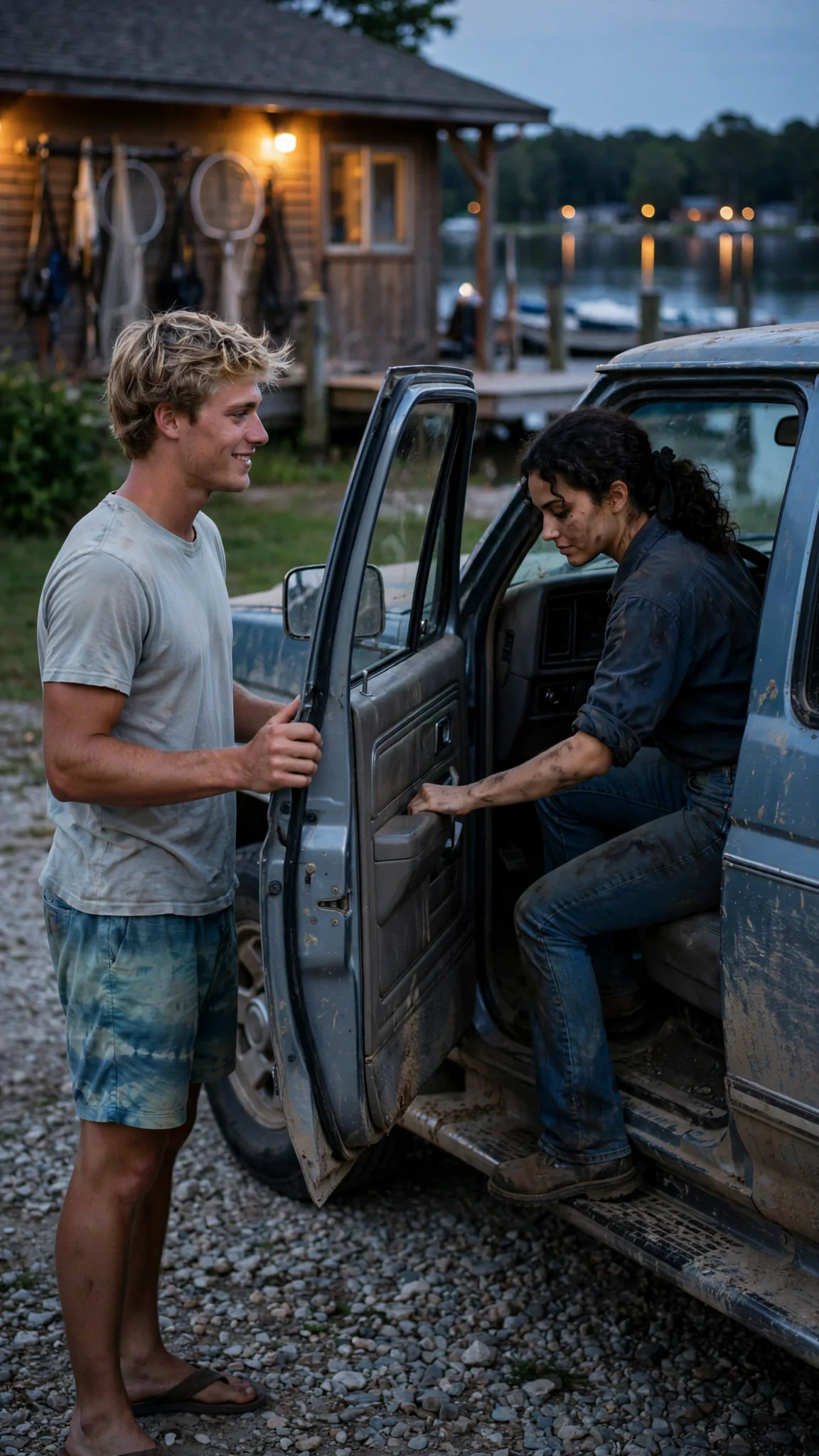 Drew holding the truck door open, Alina climbing into the passenger seat, the dark yard behind them.