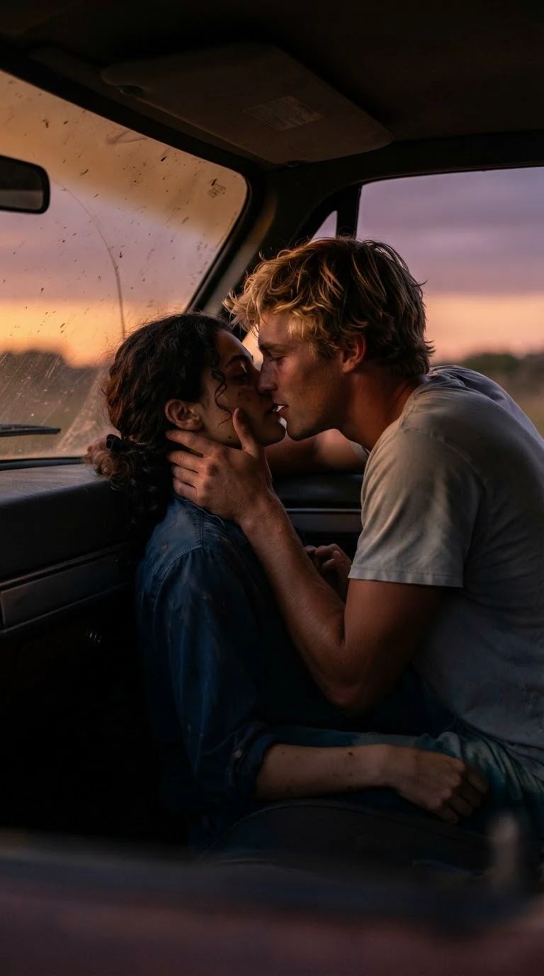 Drew leaning across the truck seat, one hand at her jaw, kissing her.