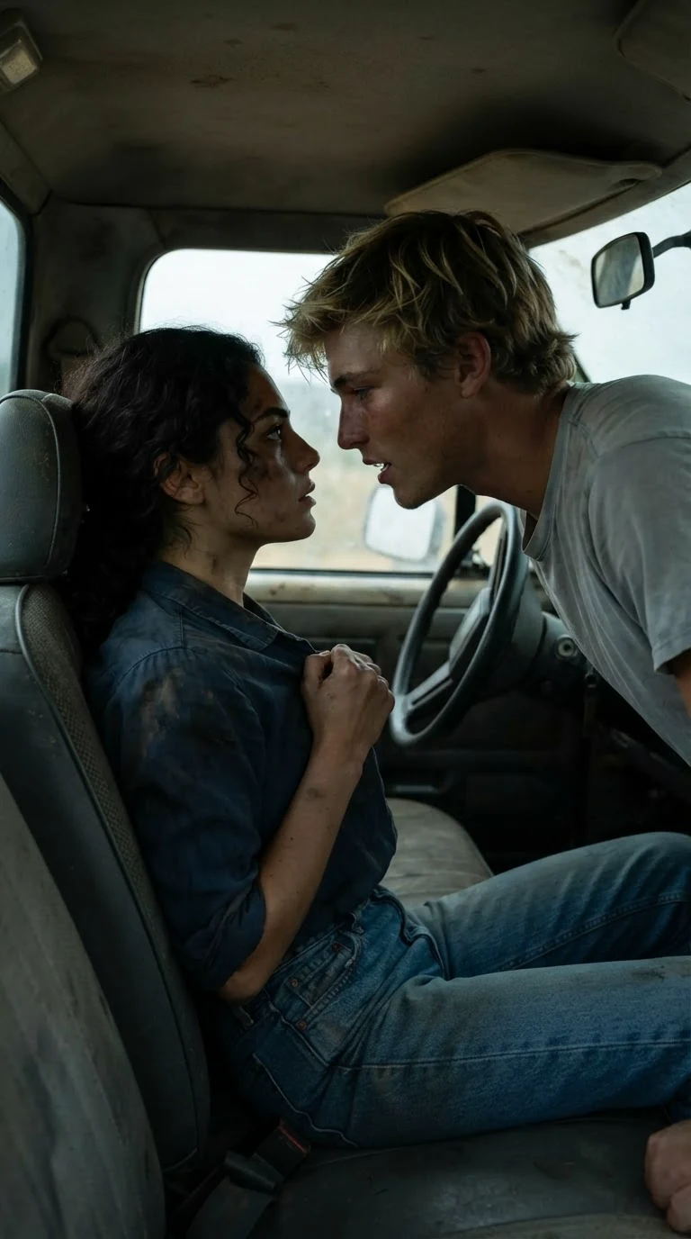 Her fist in the front of his T-shirt, pulling him closer, her head tipped back against the seat.