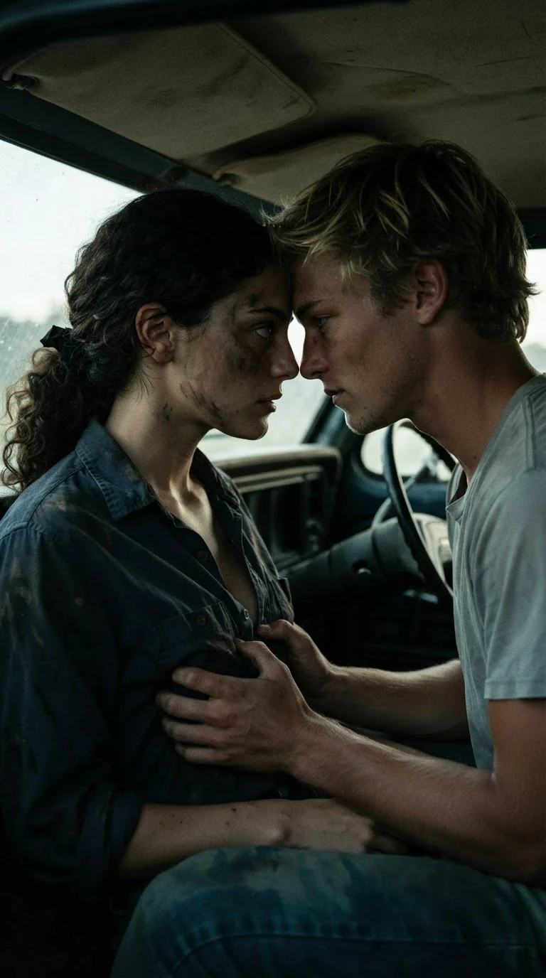 His hands at the open collar of her work shirt, the top buttons undone, his forehead against hers.