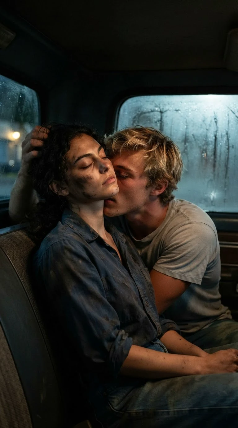 Her hand in his hair, her eyes closed, his mouth at her throat, the truck window fogged at the corner.
