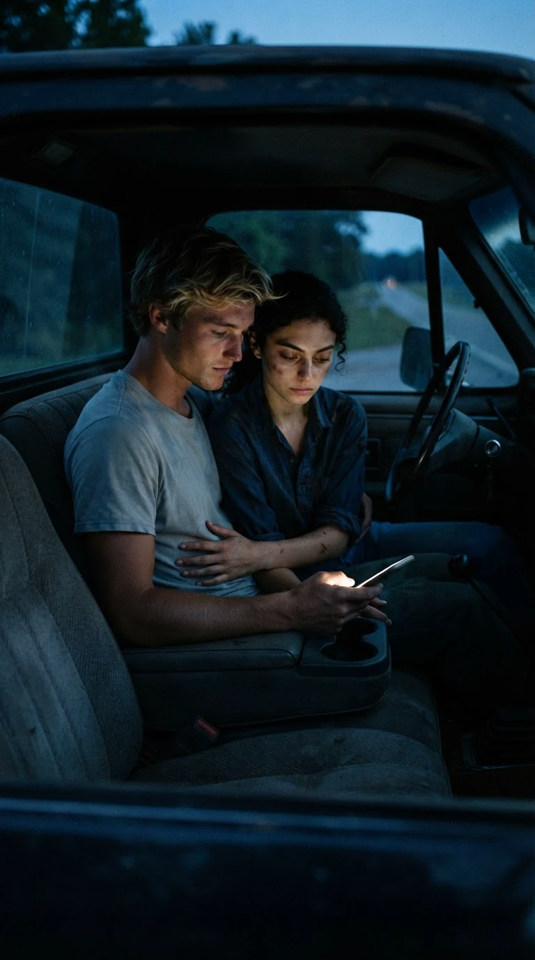 A phone glowing in the cup holder between them, its light on their faces in the dim cab.