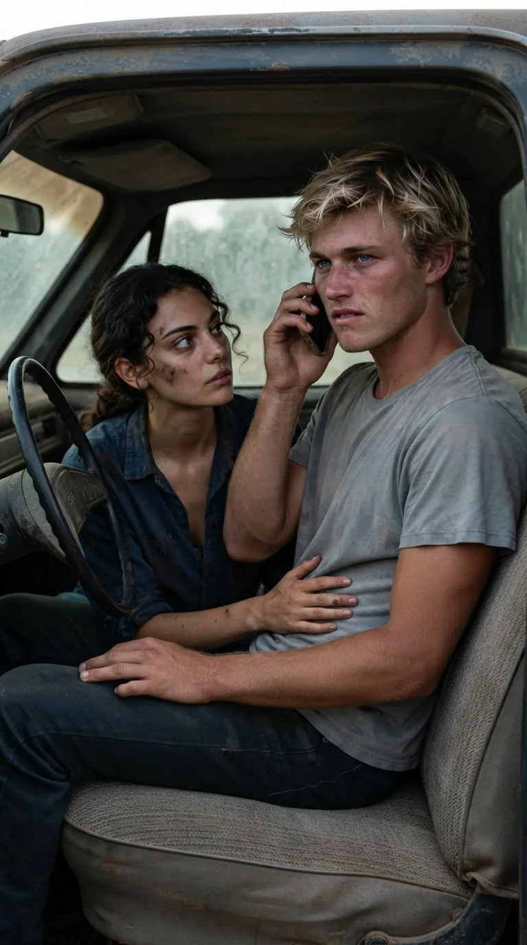 Drew with the phone at his ear, still leaning close, Alina watching him.