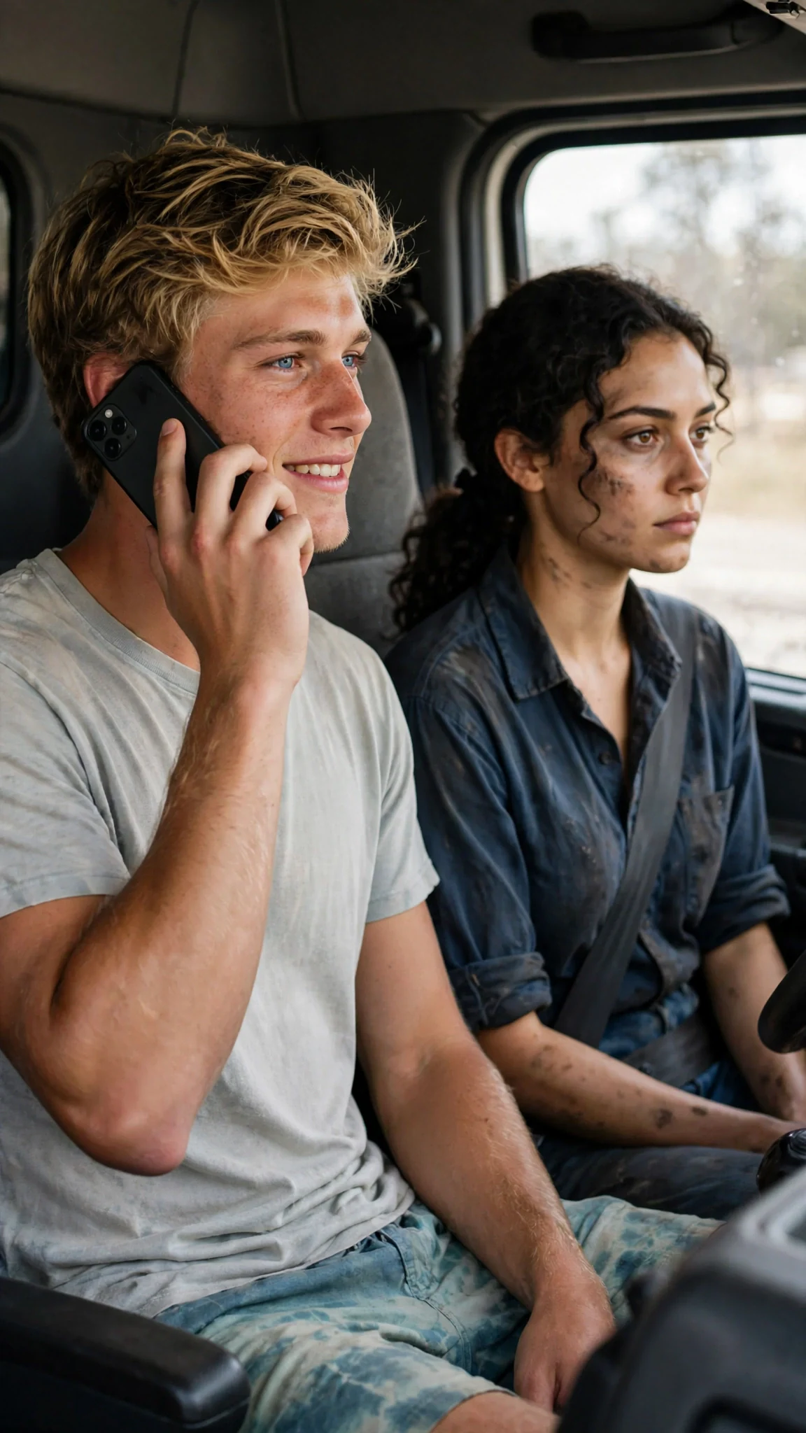 Close on Drew speaking into the phone with a small smile while Alina's face goes still beside him.