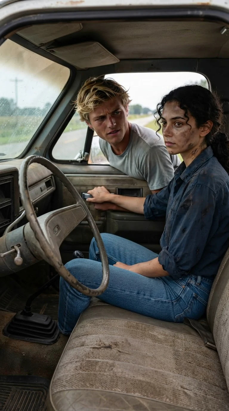 Drew sitting back in the driver's seat, confused, as her hand finds the door handle.